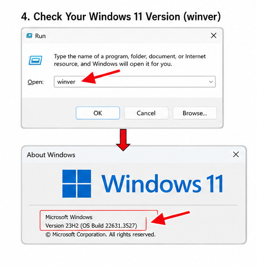 How to Get Help in Windows 11 5 Windows Run dialog and About Windows box showing how to use winver