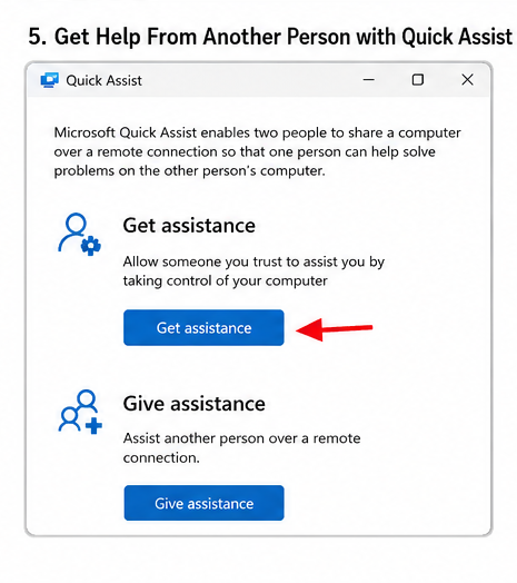 How to Get Help in Windows 11 4 Windows 11 Quick Assist window with Get assistance highlighted