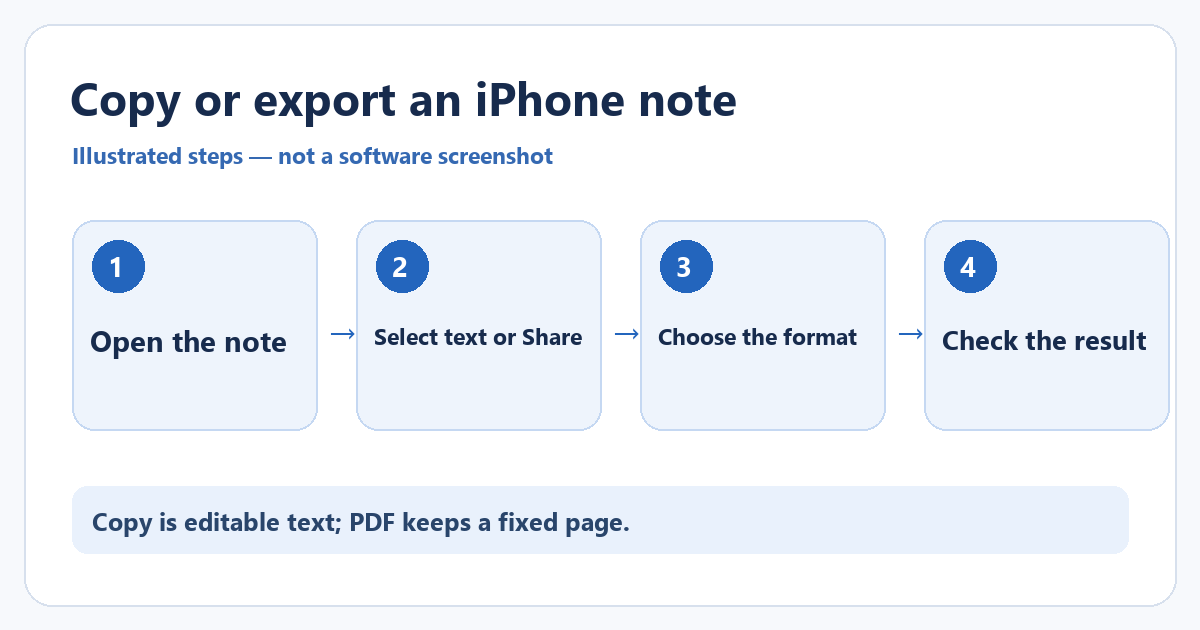 How to Copy, Export, or Print Notes From iPhone 1 Illustrated steps to copy or export an iPhone note.