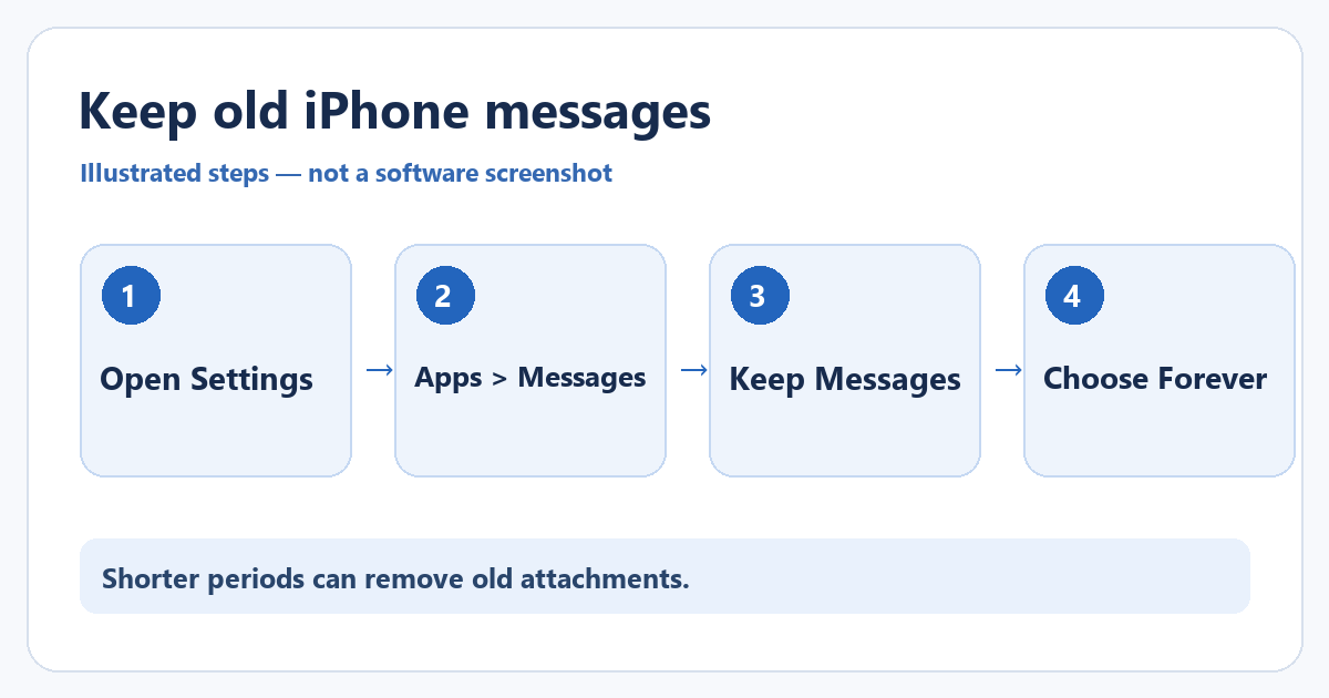 How to Stop iPhone From Deleting Old Messages (Keep Messages) 1 Illustrated steps to retain old iPhone Messages conversations.