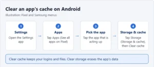 Illustration of clearing an app cache on Android: Settings, Apps, choose the app, Storage and cache, then Clear cache