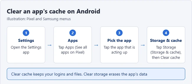 How to Clear Cache on Android 1 Illustration of clearing an app cache on Android: Settings, Apps, choose the app, Storage and cache, then Clear cache