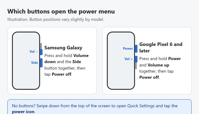 How to Turn Off an Android Phone 1 Illustration of Android phone side buttons: Volume down plus Side on Samsung Galaxy, Power plus Volume up on Pixel 6 and later