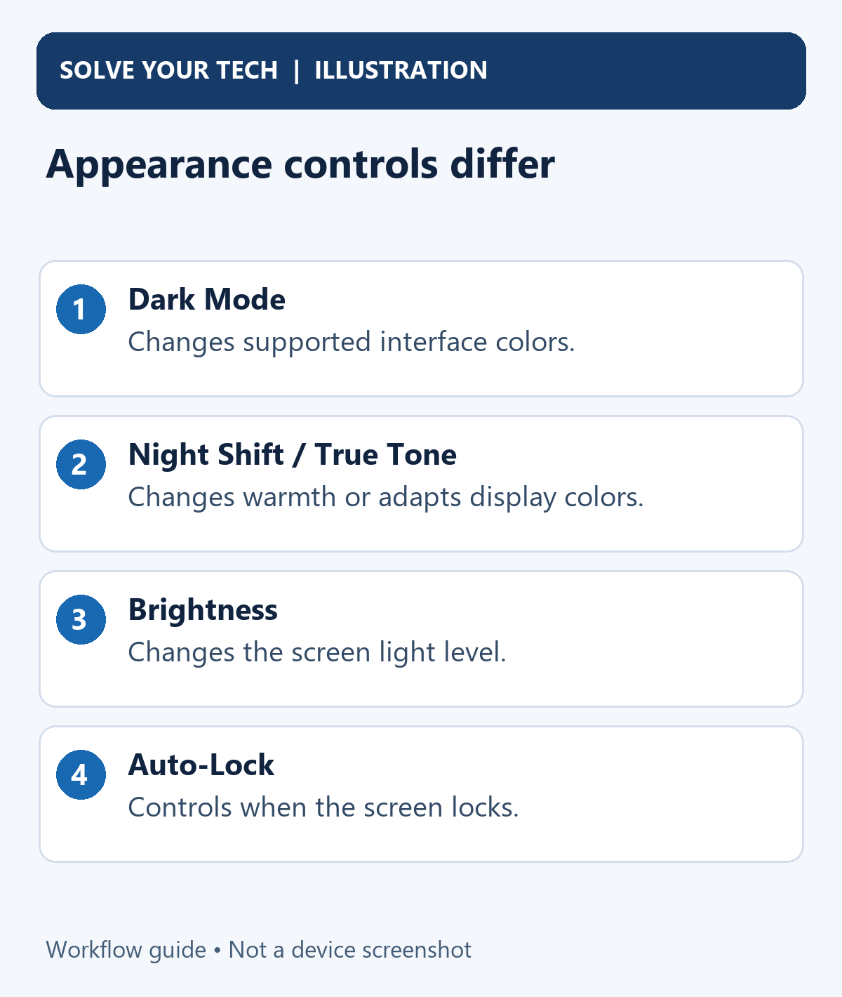 How to Turn On Dark Mode on iPhone 2 Appearance controls differ. Dark Mode: Changes supported interface colors. Night Shift / True Tone: Changes warmth or adapts display colors. Brightness: Changes the screen light level. Auto-Lock: Controls when the screen locks.
