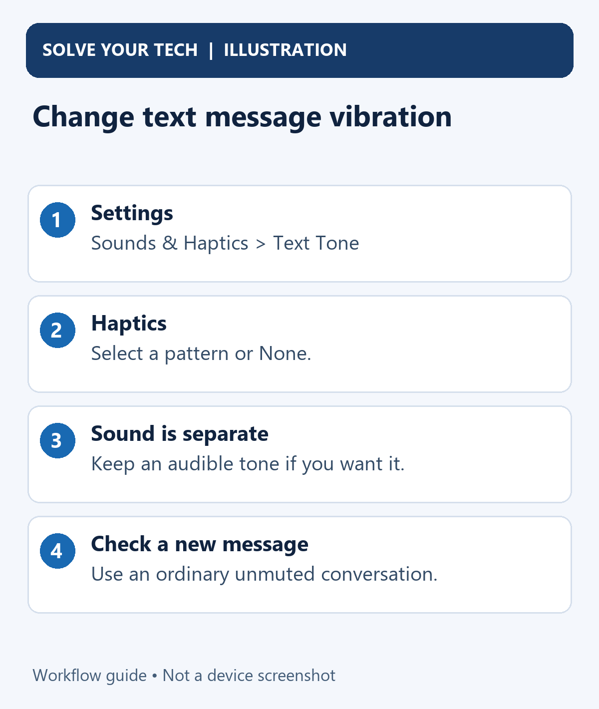 How to Change or Turn Off Text Message Vibrations on iPhone 1 Change text message vibration. Settings: Sounds & Haptics > Text Tone. Haptics: Select a pattern or None. Sound is separate: Keep an audible tone if you want it. Check a new message: Use an ordinary unmuted conversation.