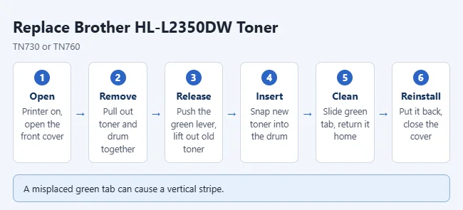 How to Replace the Toner in a Brother HL-L2350DW 2 Steps to replace the toner in a Brother HL-L2350DW printer