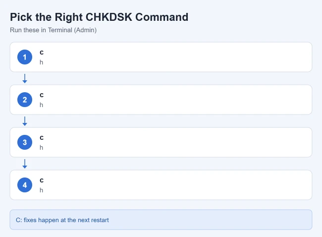 How to Run CHKDSK in Windows 11 or Windows 10 1 Four CHKDSK commands for Windows 11: chkdsk C: /scan to check while Windows runs, /f to fix file system errors, /r to also find bad sectors, and /x to dismount a drive before fixing it