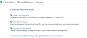 Recovery page in the Windows 11 Control Panel with the Create a recovery drive link under Advanced recovery tools