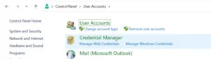 Credential Manager under User Accounts in Control Panel with Manage Web Credentials and Manage Windows Credentials links