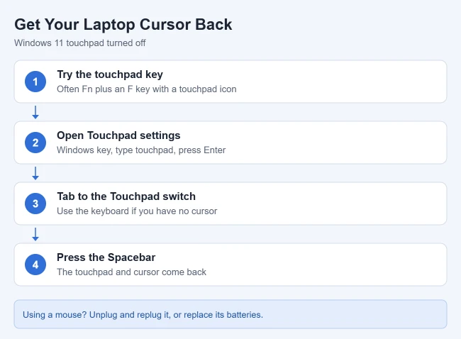 How to Get Your Cursor Back on a Laptop in Windows 11 1 Steps to turn the touchpad back on and get the cursor back in Windows 11