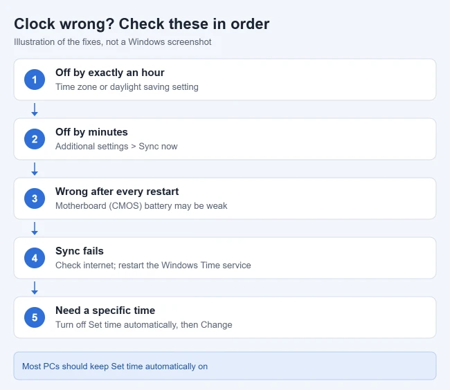 How to Change the Date and Time in Windows 11 3 Illustration of what to check when the Windows 11 clock is wrong: time zone, Sync now, CMOS battery, the Windows Time service, and manual time