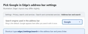 Illustration of the Microsoft Edge Address bar and search settings with Google chosen as the search engine used in the address bar