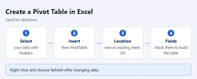 How to Create a Pivot Table in Excel 1 Illustration of creating a PivotTable from the Insert tab in Excel