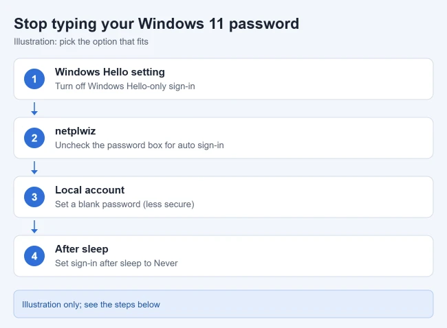 How to Remove the Password From Windows 11 1 Illustration of ways to stop typing a Windows 11 password: turn off Windows Hello-only sign-in, uncheck the password box in netplwiz, set a blank password on a local account, and set sign-in after sleep to Never