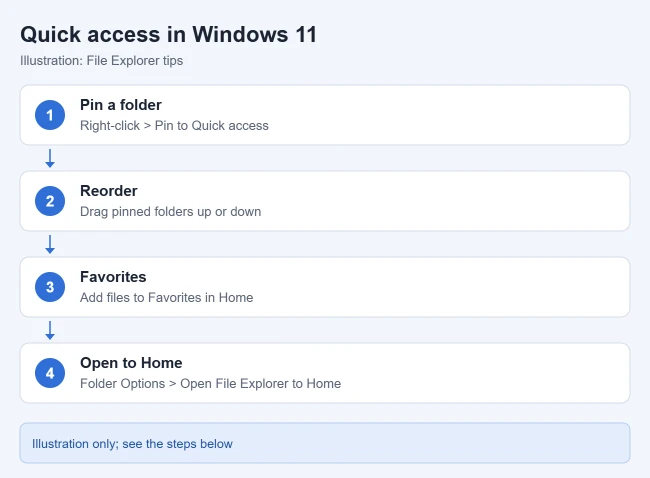 How to Use Quick Access in Windows 11 1 Illustration of quick access tips for Windows 11: pin a folder with Pin to Quick access, drag pinned folders to reorder them, add files to Favorites, and set File Explorer to open to Home
