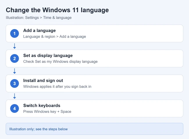 How to Change the Language in Windows 11 1 Illustration of steps to change the Windows 11 language: add a language, check Set as my Windows display language, install it and sign out, and switch keyboards with Windows key plus Space