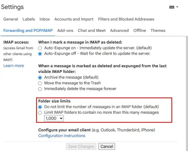 How to Enable IMAP in Gmail (It's Always On Now) 1 Gmail Settings on the Forwarding and POP/IMAP tab showing the IMAP access options, with no Enable IMAP choice and Folder size limits highlighted