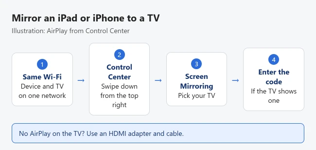 Illustration of screen mirroring an iPad or iPhone to a TV: connect both to the same Wi-Fi, open Control Center, tap Screen Mirroring, choose the TV, and enter the code