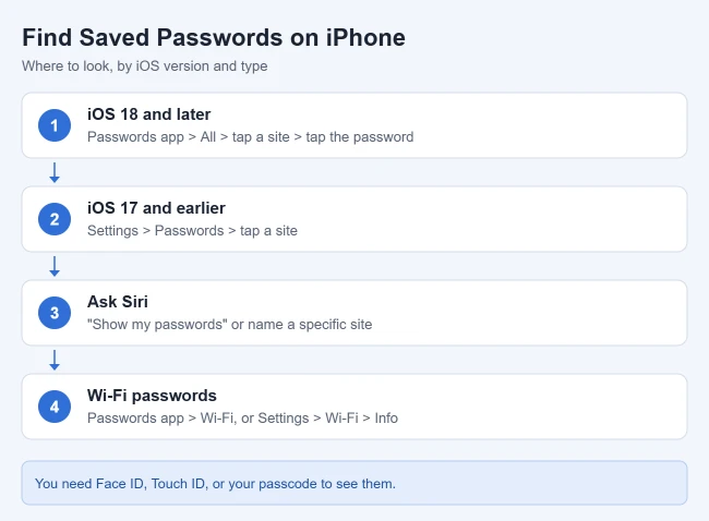 Illustration of where to find saved passwords on iPhone: the Passwords app on iOS 18 and later, Settings Passwords on iOS 17 and earlier, asking Siri, and Wi-Fi passwords