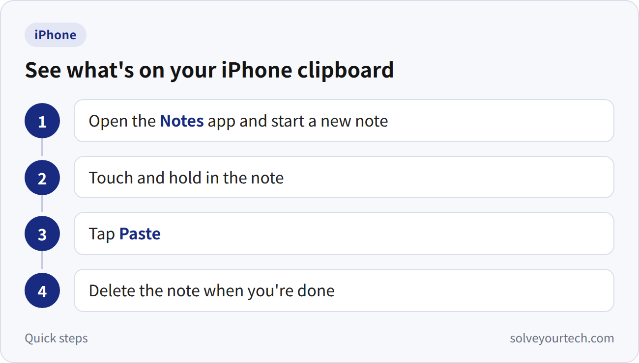 Where Is the Clipboard on iPhone? How to Access It 1 Step path to see the iPhone clipboard: new note in Notes, touch and hold, tap Paste