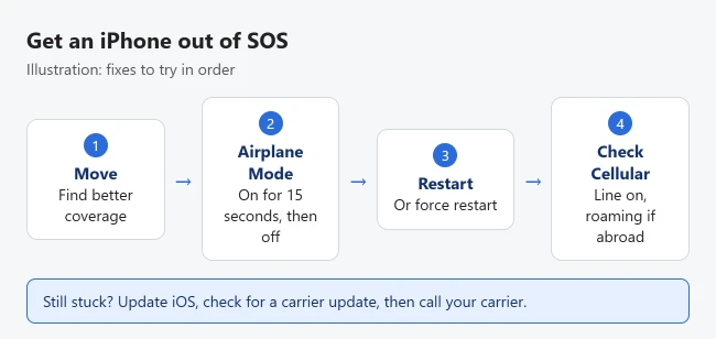 How to Get an iPhone Out of SOS Mode 1 Illustration of getting an iPhone out of SOS: move to better coverage, toggle Airplane Mode, restart or force restart, and check Cellular settings