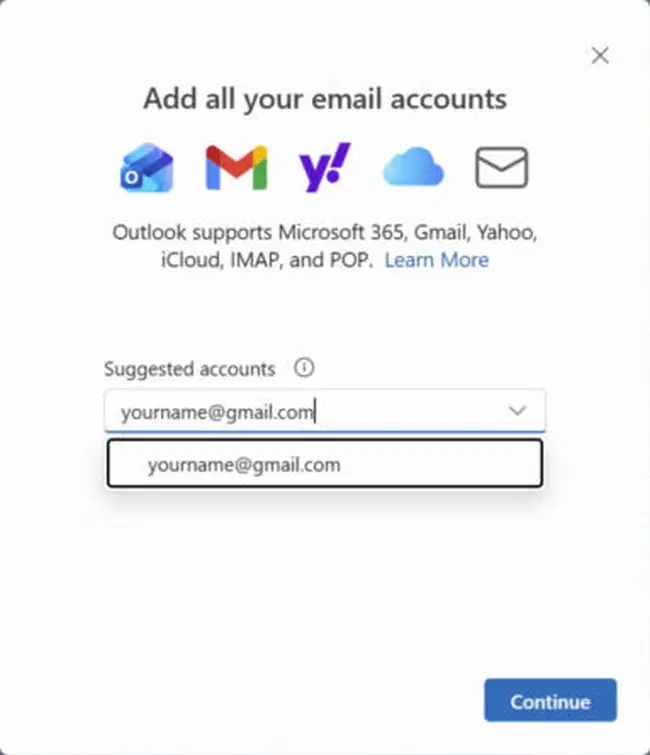 How to Enable IMAP in Gmail (It's Always On Now) 2 New Outlook for Windows Add all your email accounts window with a Gmail address entered