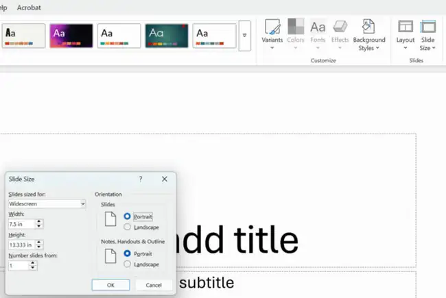 How to Rotate a Slide in PowerPoint 2 PowerPoint Slide Size dialog with Portrait selected under Slides orientation, opened from Design, then Slide Size