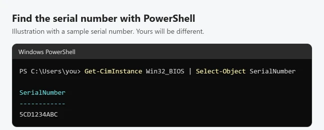 How to Find Your PC Serial Number in Windows 11 or 10 2 Illustration of PowerShell running Get-CimInstance Win32_BIOS with a sample serial number in the output