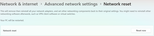 How to Connect or Reset Network Settings in Windows 11 2 Windows 11 Network reset page with the Reset now button