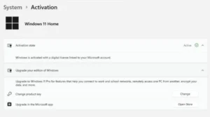 Windows 11 Settings Activation page showing Active and a digital license, with Change product key under Upgrade your edition of Windows