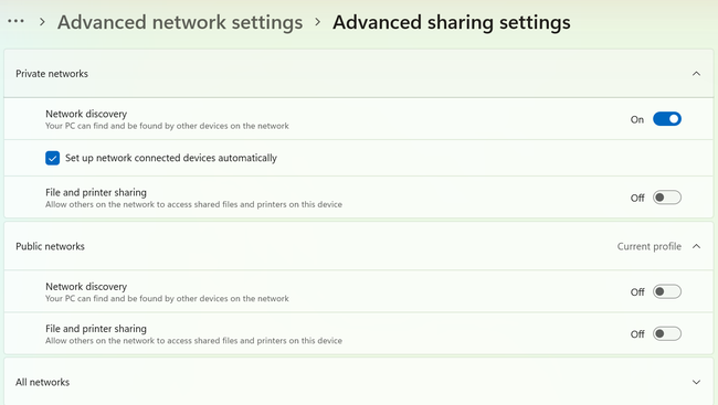 How to Turn On Network Discovery in Windows 11 2 Network discovery switches for private and public networks in Windows 11 Advanced sharing settings