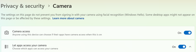 How to Turn On the Camera on a Windows 11 Laptop 2 Camera access and Let apps access your camera switches in Windows 11 privacy settings