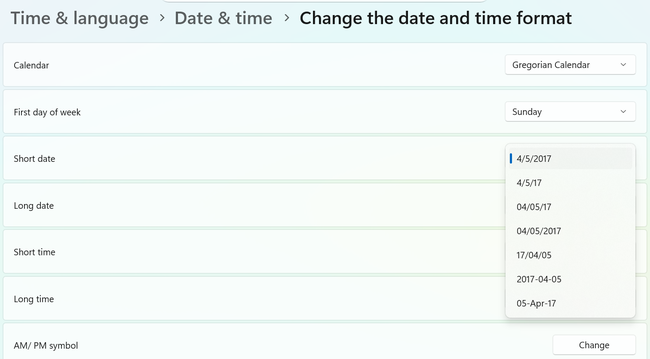 How to Change the Date Format in Windows 11 to MM/DD/YYYY 1 Change the date and time format page in Windows 11 with the Short date list open
