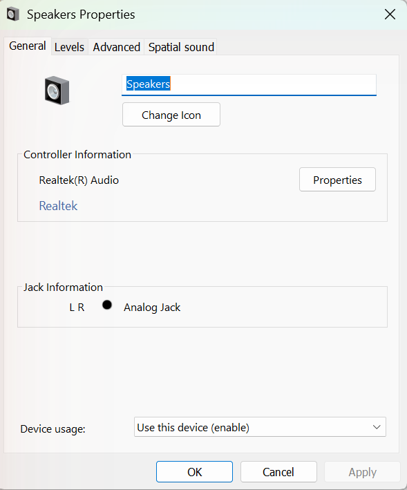 How to Turn On Sound Equalization in Windows 11 2 Speakers Properties window in Windows 11 without an Enhancements tab