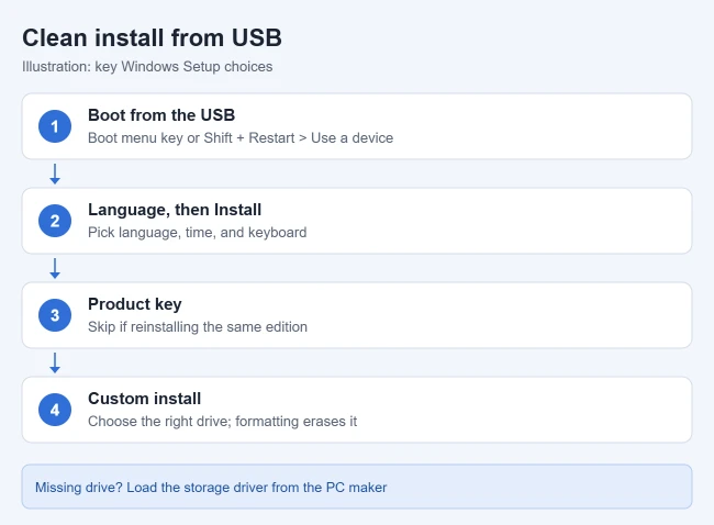 How to Install Windows 11 2 Illustration of the main Windows Setup steps for a clean install of Windows 11 from a USB drive