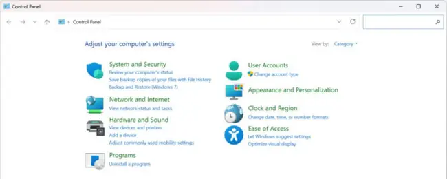 How to Open Control Panel in Windows 11 2 Control Panel in Windows 11 open to Category view with System and Security, Network and Internet, Hardware and Sound, Programs, User Accounts, and other categories