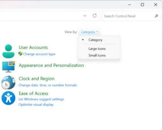 How to Open Control Panel in Windows 11 5 Control Panel View by menu open with Category, Large icons, and Small icons options in Windows 11