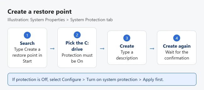 How to Create a Restore Point in Windows 11 1 Illustration of creating a restore point in Windows 11: search for Create a restore point, select the C: drive on the System Protection tab, select Create, type a description, then Create again