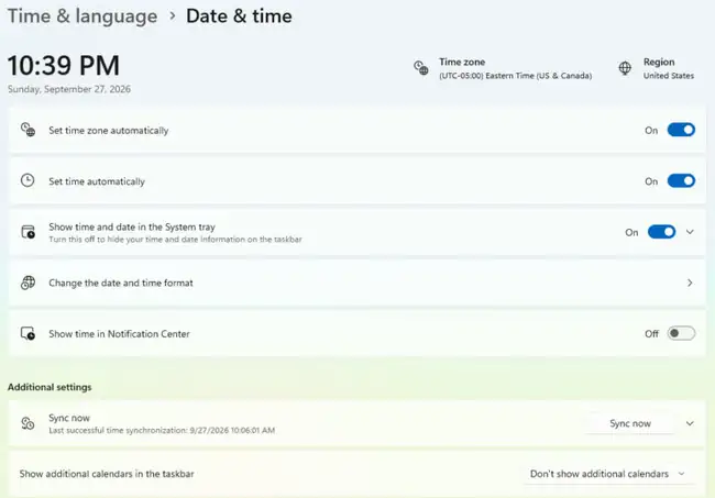 How to Change the Date and Time in Windows 11 1 Windows 11 Settings Date and time page with Set time automatically, Set time zone automatically, the system tray clock option, and Sync now