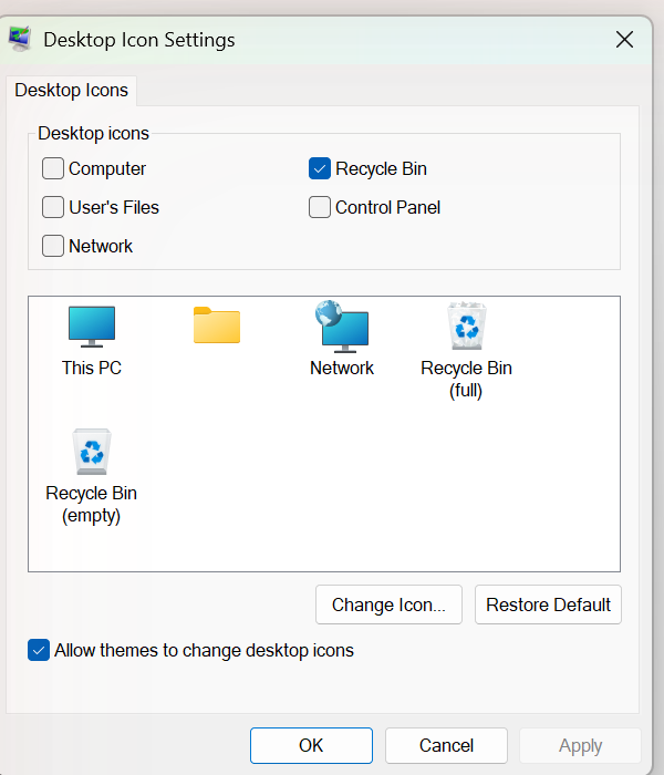 How to Add Desktop Icons in Windows (Including This PC) 2 Desktop Icon Settings window in Windows 11 with Computer, Recycle Bin, and Control Panel checkboxes