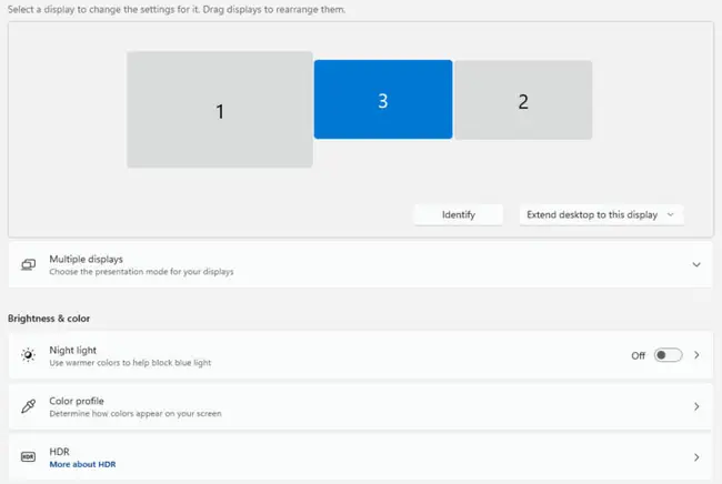 How to Change Brightness on a Second Monitor in Windows 11 1 Windows 11 Display settings with an external monitor selected: the Brightness & color section shows Night light, Color profile and HDR but no Brightness slider