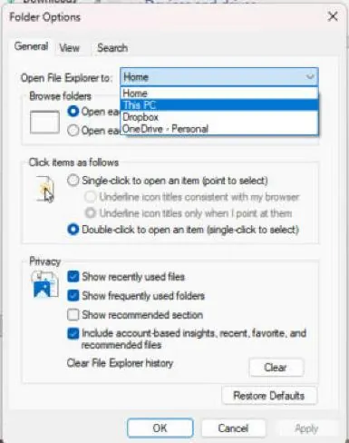 How to Find the C Drive on Windows 11 3 Folder Options dialog in Windows 11 with the Open File Explorer to menu open and This PC highlighted