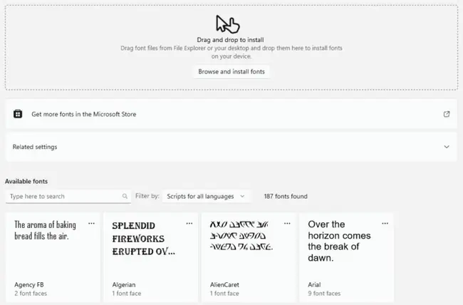 How to Install Fonts on Windows 11 2 Windows 11 Settings, Personalization, Fonts page with the Drag and drop to install area, the Browse and install fonts button, Get more fonts in the Microsoft Store, and the Available fonts list