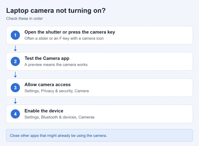How to Turn On the Camera on a Windows 11 Laptop 1 Four checks to turn on a Windows 11 laptop camera: open the shutter or press the camera key, test the Camera app, allow camera access, and enable the camera device
