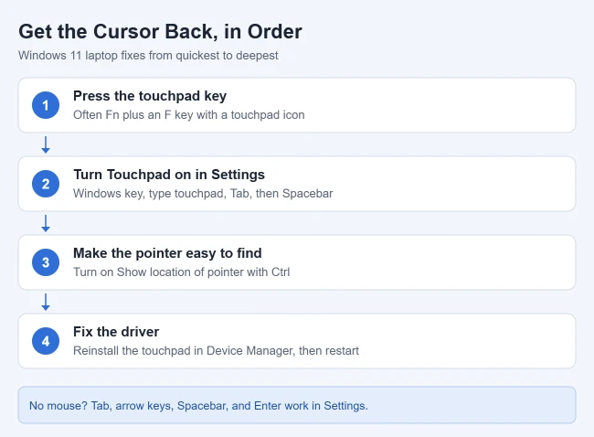 How to Get Your Cursor Back on a Laptop in Windows 11 2 Illustration of fixes for a missing cursor on a Windows 11 laptop: press the touchpad key, turn Touchpad on in Settings, show the pointer location with Ctrl, and reinstall the touchpad driver