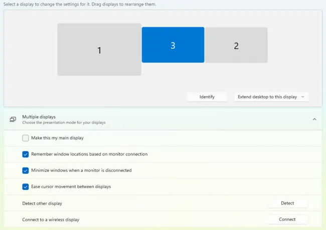How to Change the Main Display in Windows 11 2 Windows 11 Display settings with monitor 3 selected and Multiple displays expanded, showing the Make this my main display checkbox and the Detect button