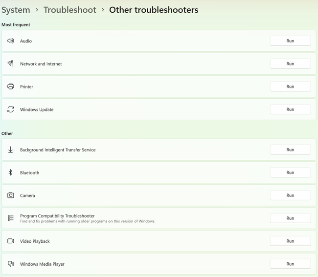 How to Run a Troubleshooter in Windows 11 2 Other troubleshooters list in Windows 11 Settings with Run buttons