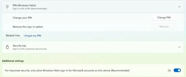 How to Turn Off Your PIN on Windows 11 2 Windows 11 Sign-in options with PIN (Windows Hello) expanded: the Remove button is grayed out because the only allow Windows Hello sign-in setting under Additional settings is on