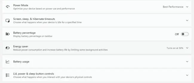 How to Change Advanced Power Settings in Windows 11 2 Windows 11 Settings, System, Power and battery page showing Power Mode, Screen sleep and hibernate timeouts, Energy saver, Battery usage, and Lid, power and sleep button controls
