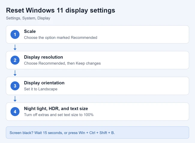 How to Reset Display Settings in Windows 11 1 Steps to reset Windows 11 display settings: Recommended scale and resolution, Landscape orientation, and turning off Night light, HDR, and larger text size